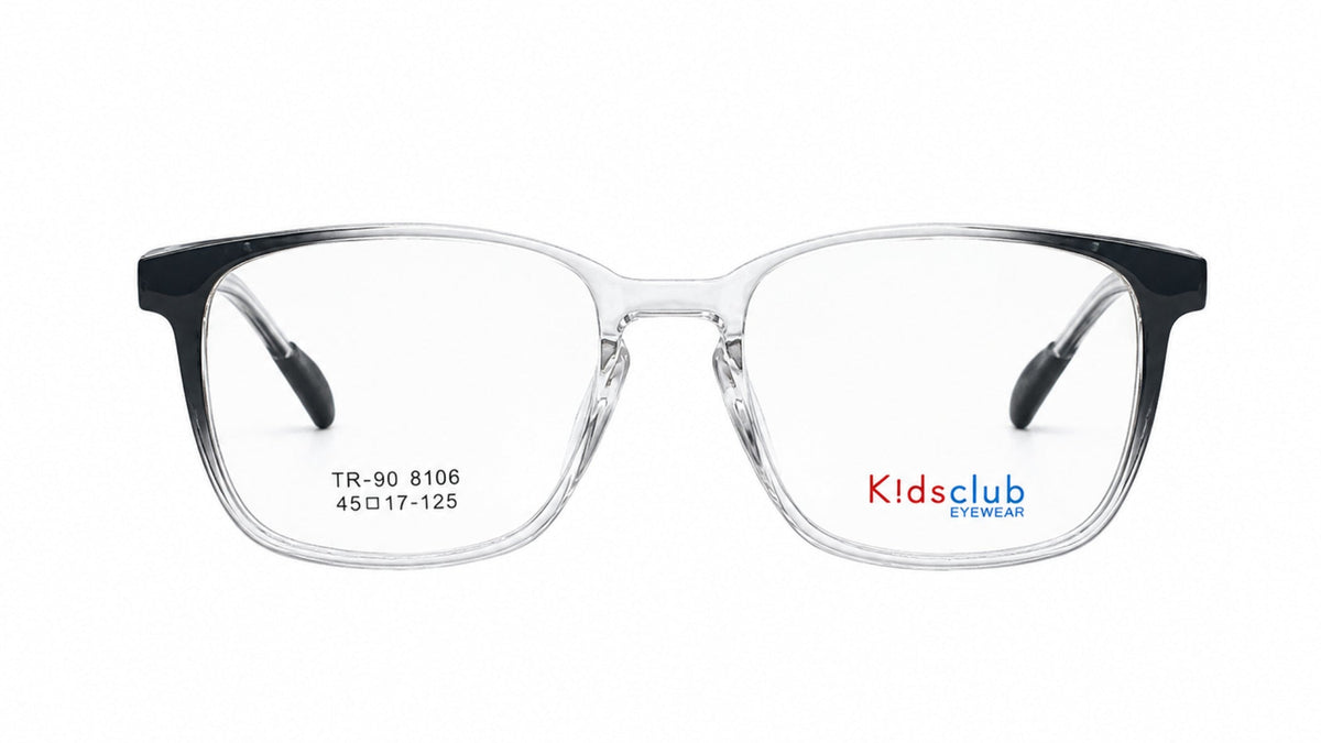 Kidsclub eyeglasses with a clear acetate front and black temples, shown on a plain white background.