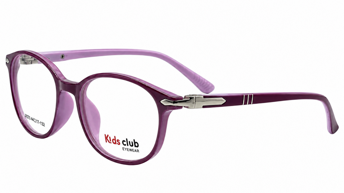 A pair of Kids Club eyeglasses featuring a translucent purple frame with a lighter lavender temple, silver metal hinge accents, and clear lenses, shown on a plain white background.