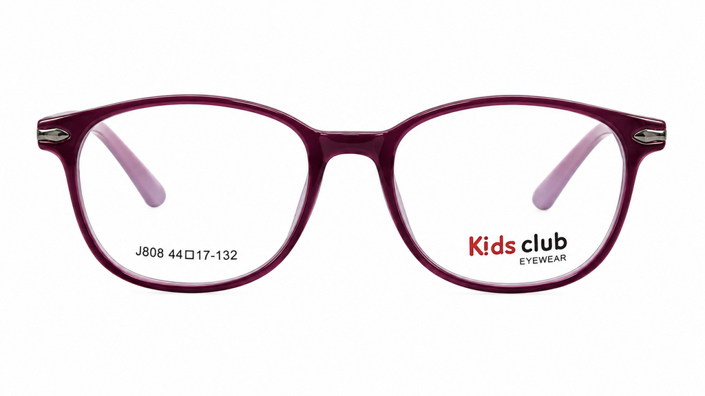 A pair of Kids Club eyeglasses with a translucent dark purple frame and clear lenses, shown against a plain white background.