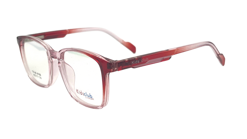 Korsaba kids eyeglasses featuring a translucent reddish-pink acetate frame with clear lenses, shown on a plain white background.