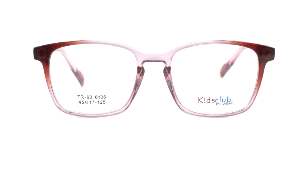 A pair of Kidsclub TR-90 8196 eyeglasses featuring a translucent pink and brown acetate frame with clear lenses, shown against a plain white background.