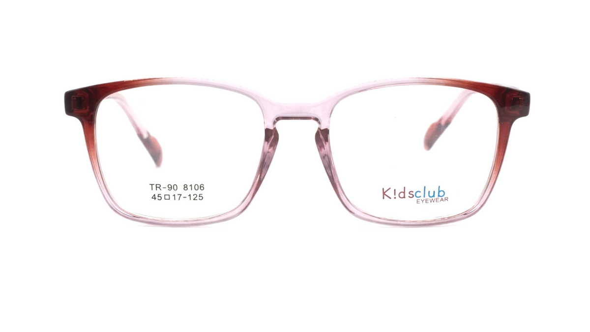 A pair of Kidsclub TR-90 8196 eyeglasses featuring a translucent pink and brown acetate frame with clear lenses, shown against a plain white background.