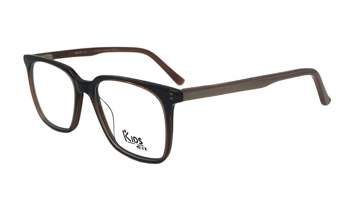 A pair of square-frame eyeglasses with a dark brown and black gradient front and translucent brown temples, featuring the 'KIDS PEAX' brand logo on the lower left lens, set against a plain white background.