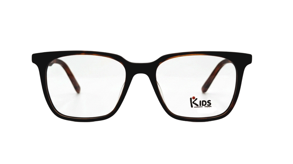 Kids rectangular eyeglasses with a black acetate frame and tortoiseshell temples, shown against a plain white background. 