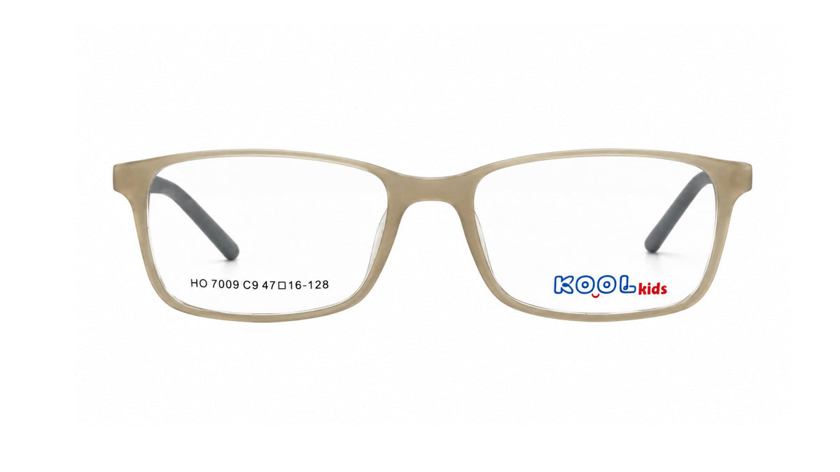 A pair of children's eyeglasses with a matte taupe-brown rectangular frame, clear lenses, and dark gray temple tips. The brand name 'KOOL kids' is printed in blue and red on the lower right lens, and model number 'HO 7009 C9 47(016)-128' is printed on the lower left lens.