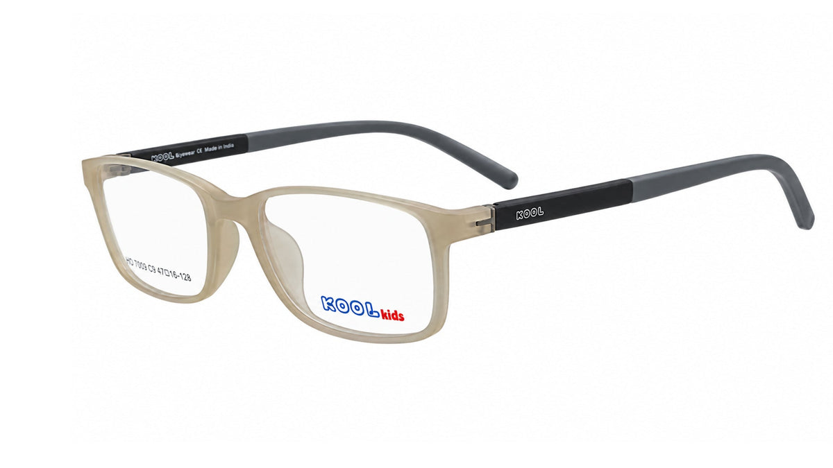 A pair of children's eyeglasses by CRISPA, featuring a translucent beige front frame and dark gray temples, with the brand name 'CRISPA' and 'pool kids' printed on the lenses.