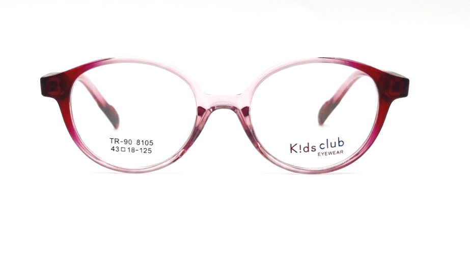 Kids Club eyewear round cat-eye style frames in translucent pink with a dark red gradient on the temples, shown on a white background.