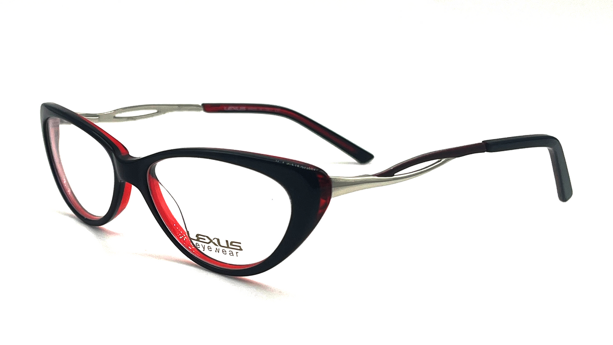 A pair of cat-eye eyeglasses with a glossy black acetate frame, featuring a vibrant red inner rim and silver metal temples. The brand name 'LEXUS' is printed on the lower left lens.