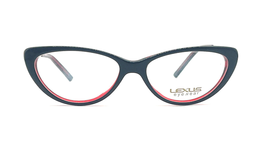 Lexus eyewear cat-eye eyeglass frames in black with a red inner border, shown on a white background.