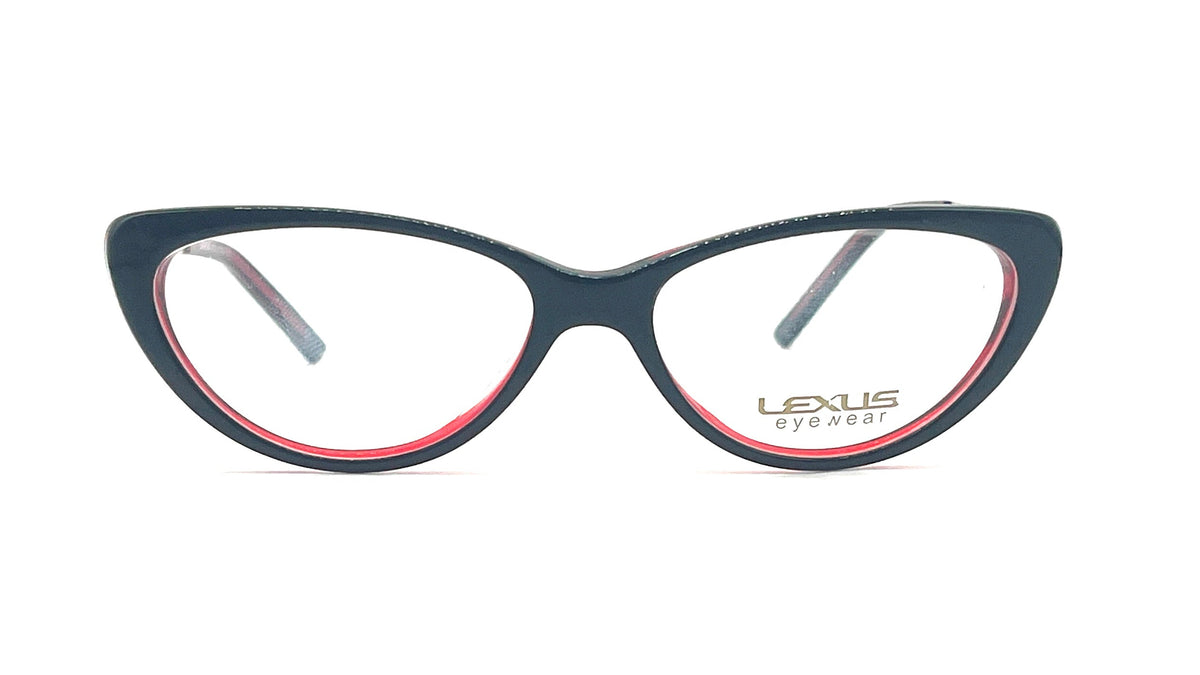 Lexus eyewear cat-eye eyeglass frames in black with a red inner border, shown on a white background.