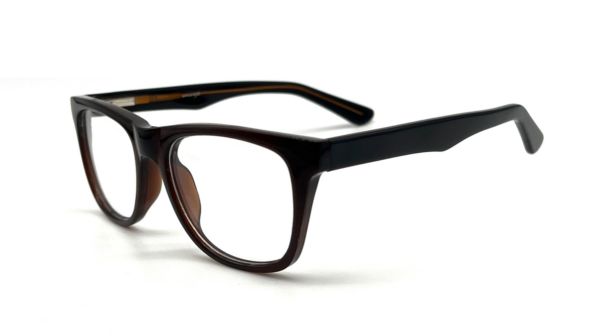 A pair of eyeglasses with a dark brown and black tortoiseshell acetate frame, shown at a three-quarter angle on a white background.