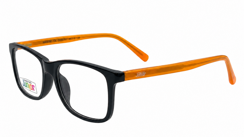 A pair of square-frame eyeglasses with a glossy black front and bright orange temples, shown on a plain white background.