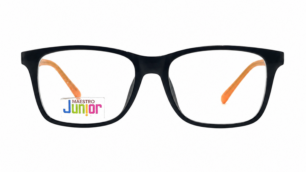 Black rectangular eyeglasses with orange inner temple arms and a clear lens, shown on a plain white background. A 'MAESTRO Junior' logo is visible on the lower left lens.