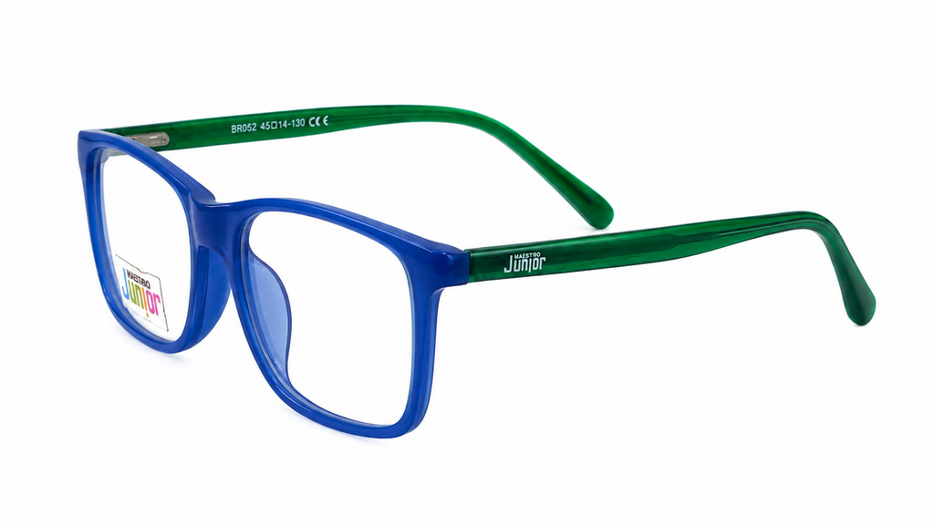 Blue and green children's eyeglasses with a translucent blue front frame and green temples, shown on a white background.