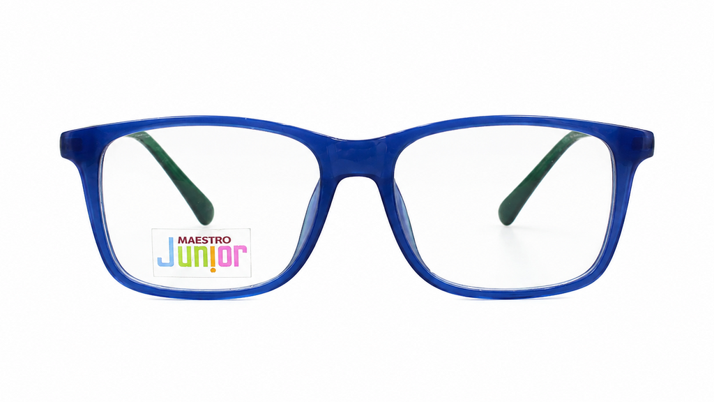 Blue rectangular eyeglass frames with clear lenses and green temple tips, shown on a white background. A small 'MAESTRO Junior' sticker is visible on the left lens.