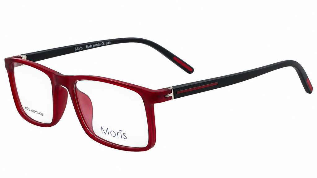 A pair of square-frame eyeglasses with a translucent red front and black temples, featuring the Moris brand name on the lower left lens and inner temple arm, set against a plain white background.