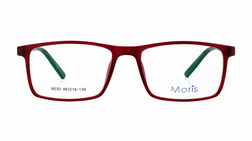A pair of square eyeglass frames in a translucent deep red color, featuring green temple tips and the Moris brand name printed in blue on the right lens.