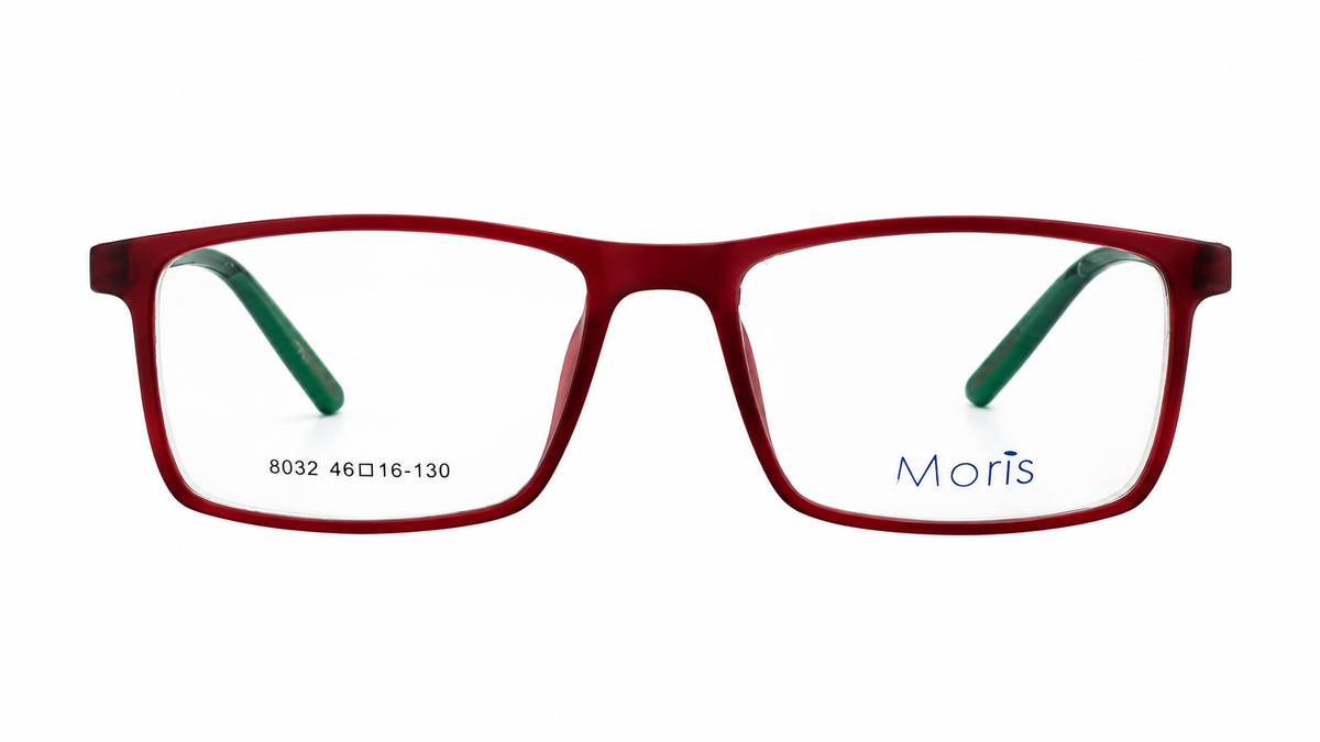A pair of square eyeglass frames in a translucent deep red color, featuring green temple tips and the Moris brand name printed in blue on the right lens.