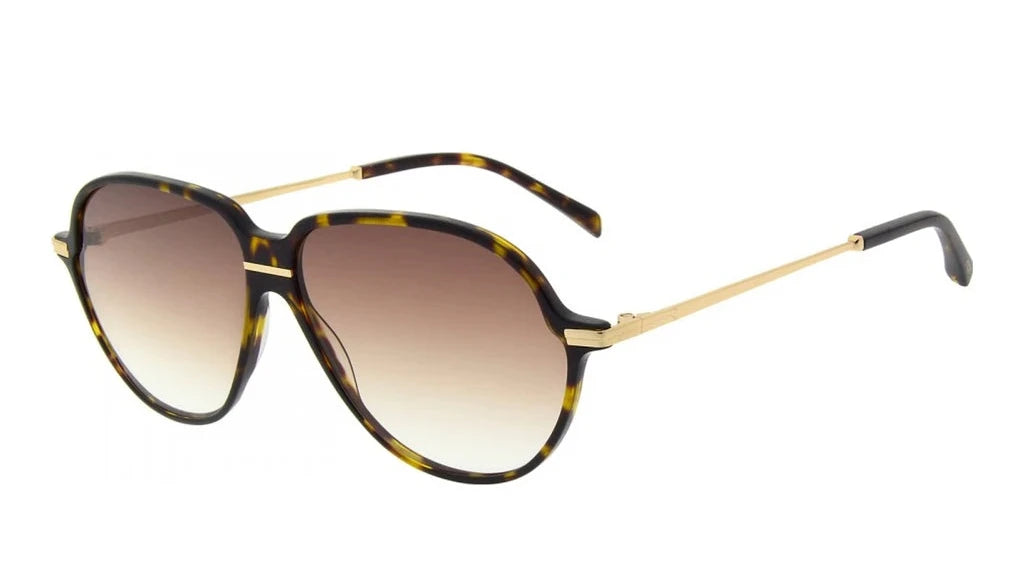 A pair of aviator-style sunglasses with a tortoiseshell frame, brown gradient lenses, and gold metal temples, shown on a plain white background.