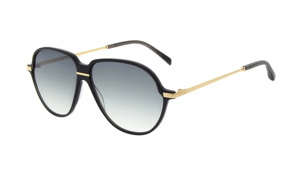 A pair of aviator-style sunglasses with a black frame, gold metal bridge and temples, and gradient gray lenses, shown on a plain white background.