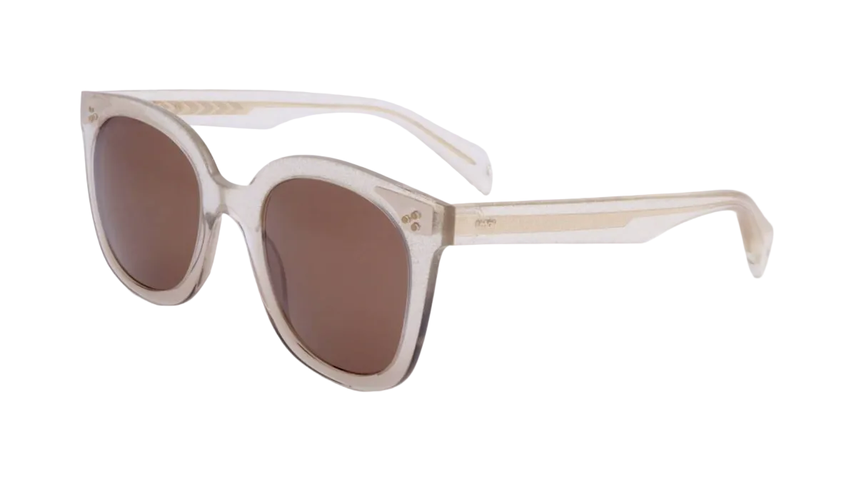Square sunglasses with translucent beige frames and brown tinted lenses, photographed on a clean white background.