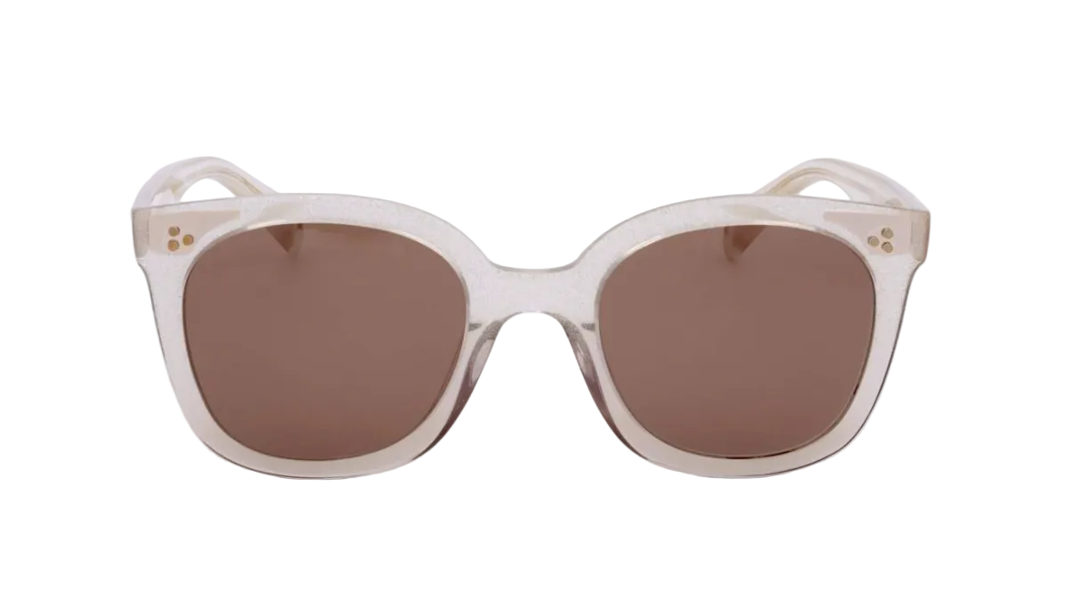A pair of square sunglasses with a translucent warm off-white frame and brown tinted lenses, shown against a plain white background.