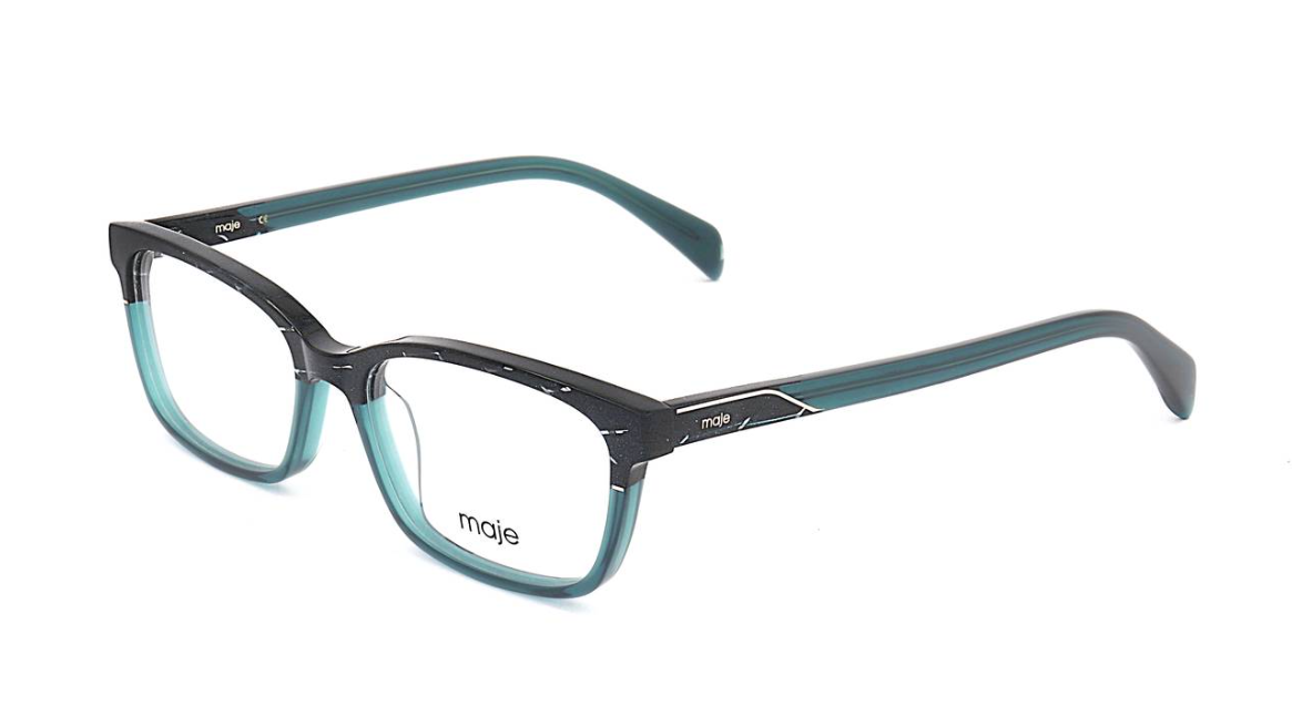 A pair of rectangular eyeglasses with a black and translucent teal-blue frame, shown on a plain white background. The brand name 'moje' is visible on the lower left lens.