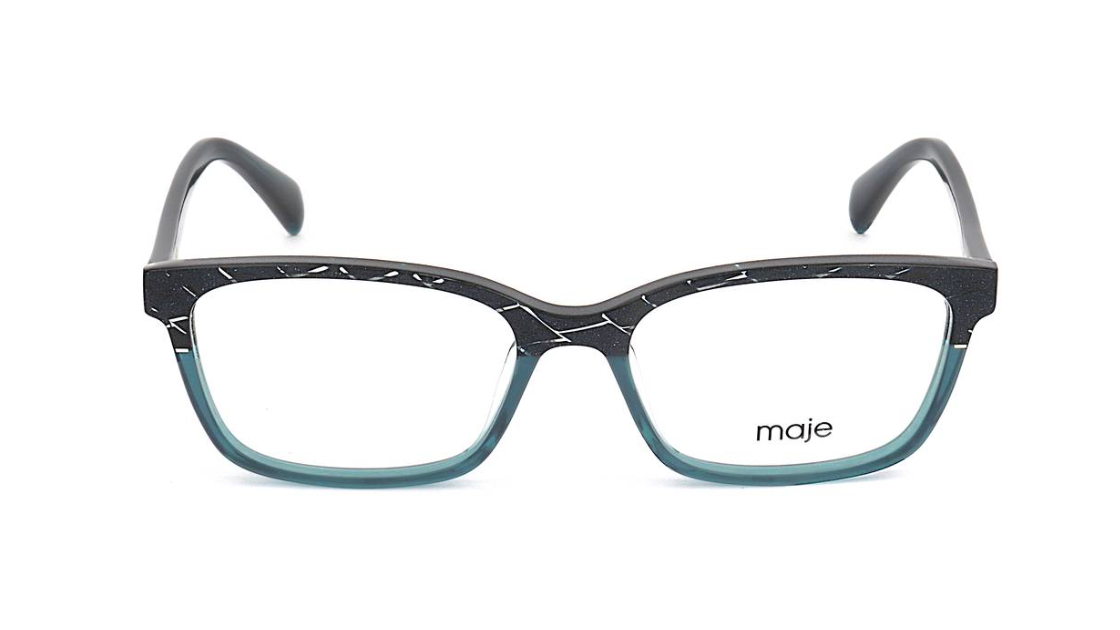 A pair of rectangular eyeglasses with a black and white marbled front frame and translucent teal-blue lower rims, featuring the 'maje' brand name on the right lens, set against a plain white background.