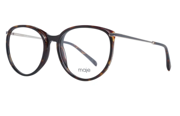Oversized round eyeglasses with a dark brown and black tortoiseshell acetate frame, featuring thin silver metal temples and clear lenses. The brand name 'maje' is printed on the lower part of the right lens.