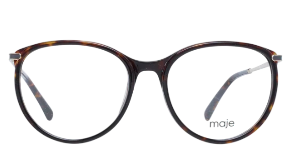 Oversized round eyeglasses with a dark brown and amber tortoiseshell acetate frame, clear lenses, and silver metal temples. The brand name 'maje' is printed on the lower right lens.