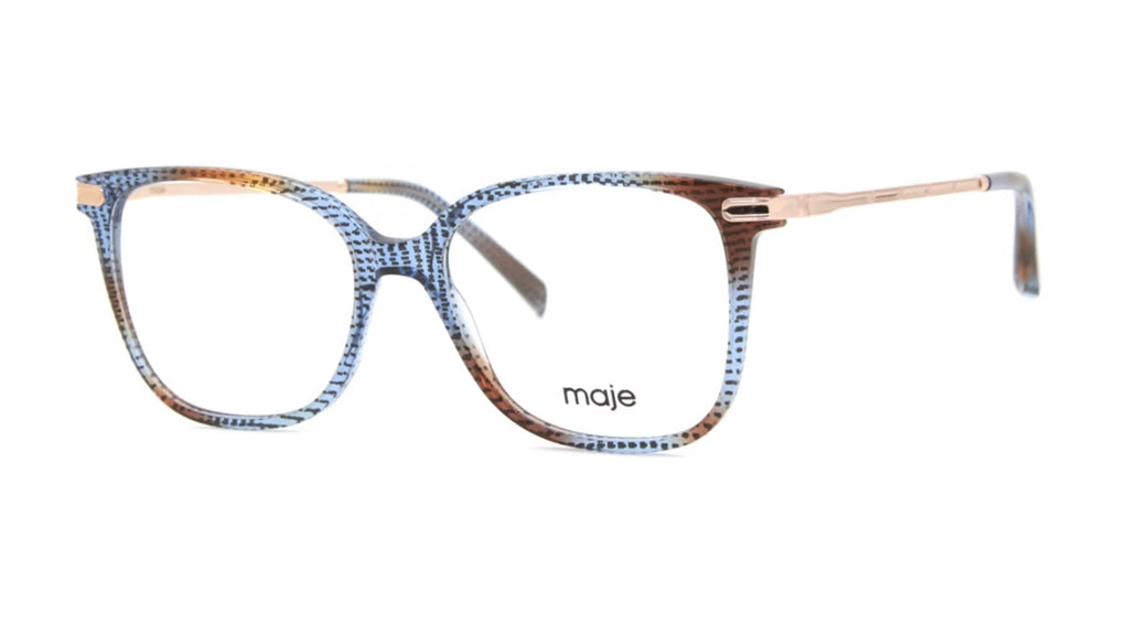 Maje eyeglasses featuring a textured blue and brown patterned acetate frame with rose gold metal temples, shown on a plain white background.