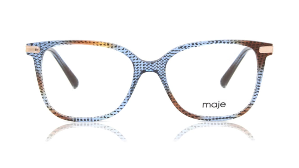 A pair of rectangular eyeglasses with a blue and brown spotted pattern, featuring rose gold metal hinges and temples, on a white background with a soft reflection.