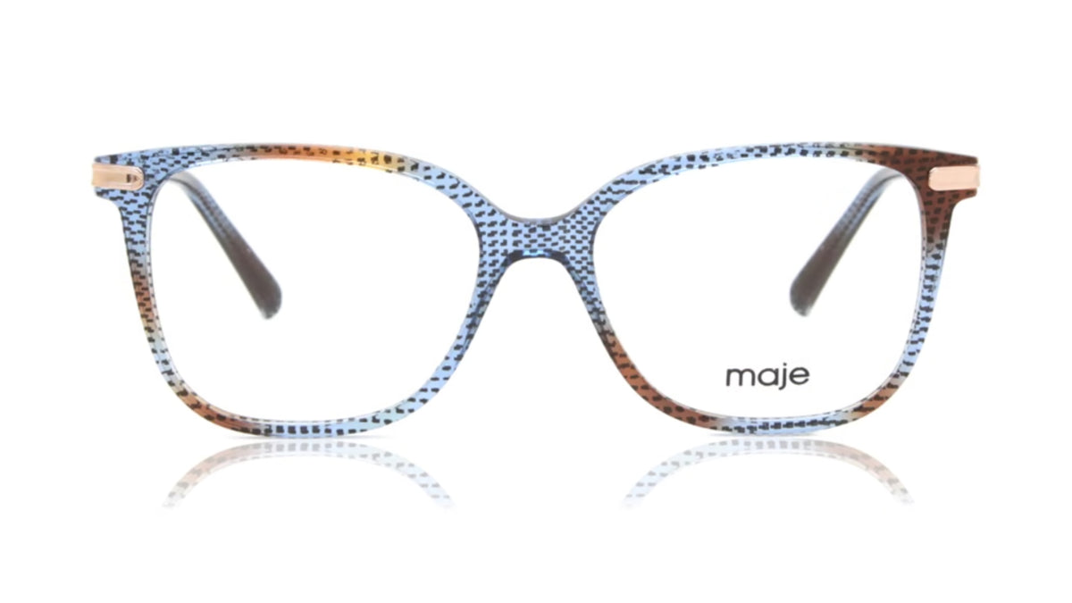 A pair of rectangular eyeglasses with a blue and brown spotted pattern, featuring rose gold metal hinges and temples, on a white background with a soft reflection.