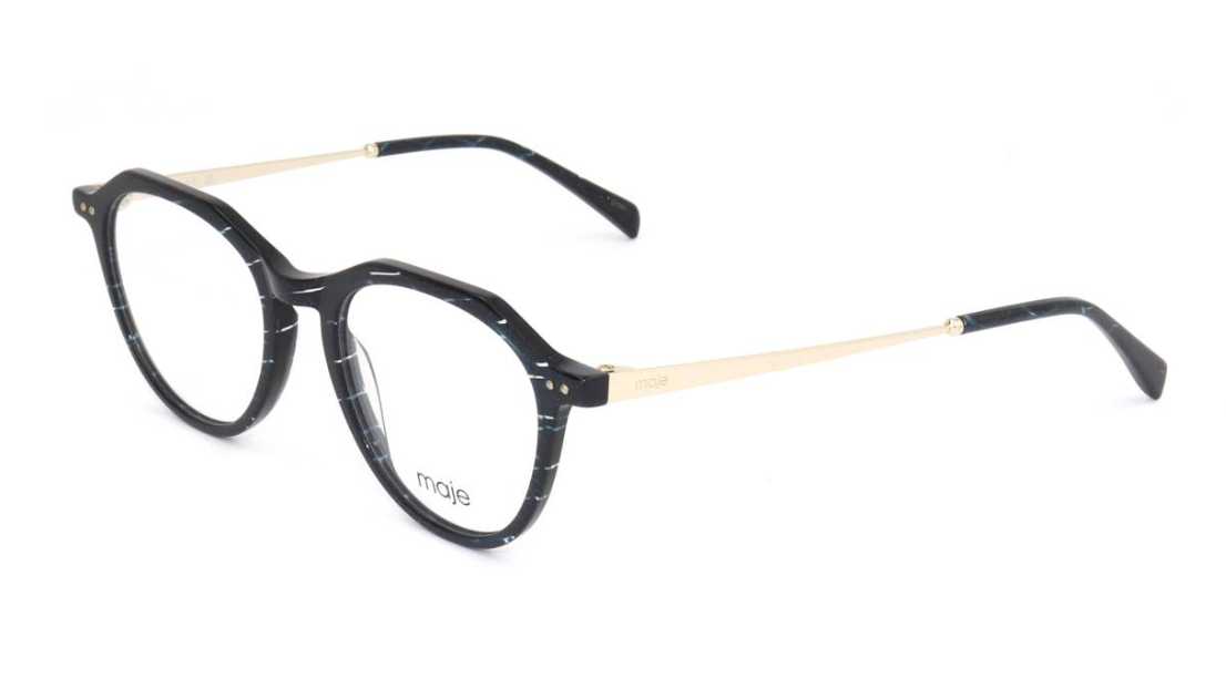 Oval eyeglasses with a black and white marbled acetate frame, gold metal temples, and clear lenses. The brand name 'maje' is printed on the lower left lens.