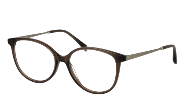 Oversized round eyeglasses with a translucent dark brown acetate frame and slim silver metal temples, shown on a plain white background.