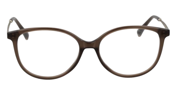 Oversized round eyeglasses with a translucent dark brown acetate frame and clear lenses, shown against a plain white background.