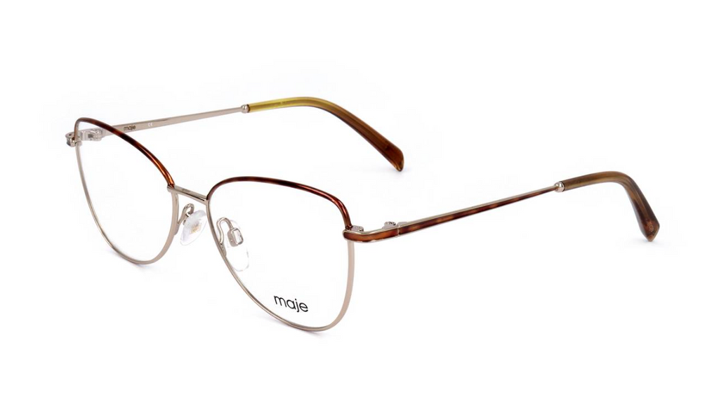 oval eyeglasses with a mix of metallic silver, brown, and amber acetate frames, featuring the 'maje' brand name on the lower left lens, set against a plain white background.