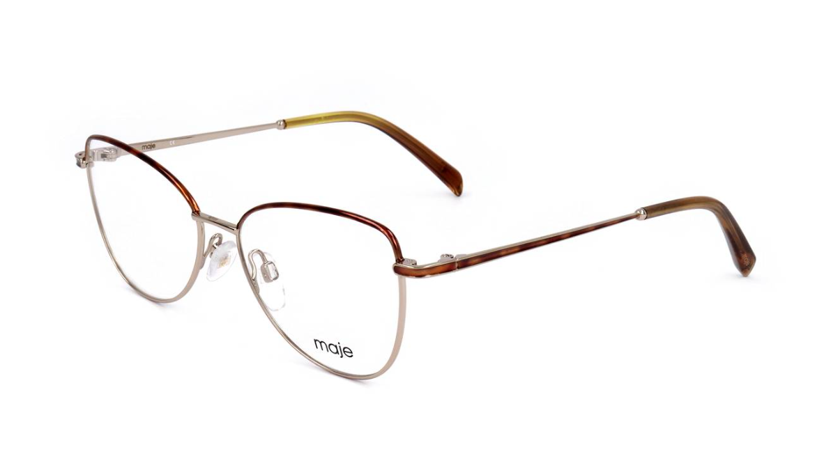 oval eyeglasses with a mix of metallic silver, brown, and amber acetate frames, featuring the 'maje' brand name on the lower left lens, set against a plain white background.