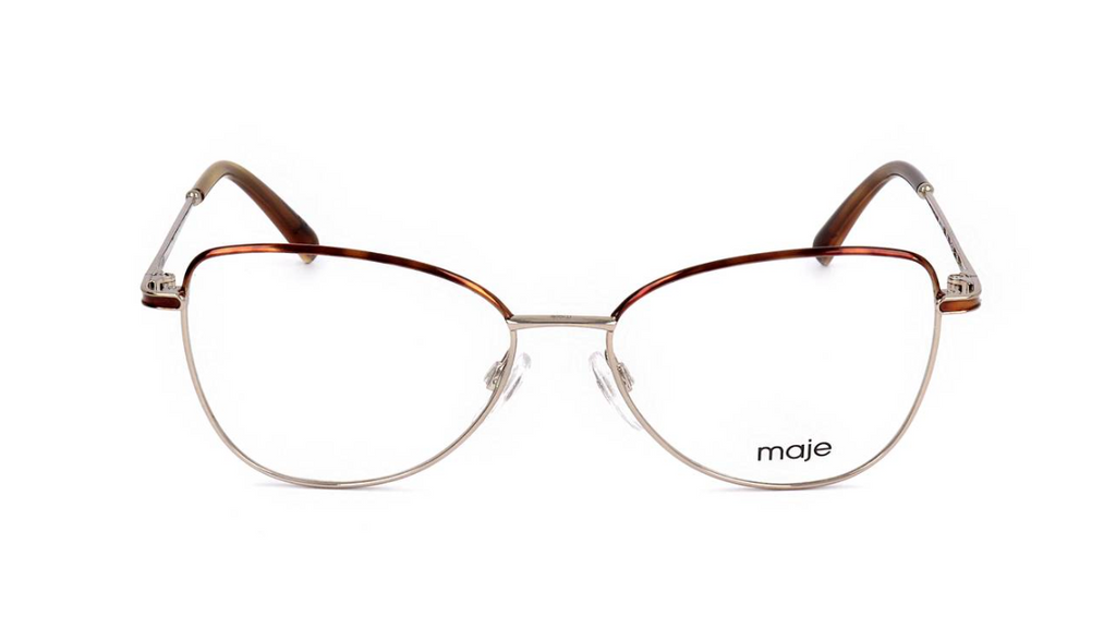 round eyeglasses with a thin silver-tone metal frame, brown acetate browline trim, and clear lenses, featuring the 'maje' brand logo on the lower right lens.