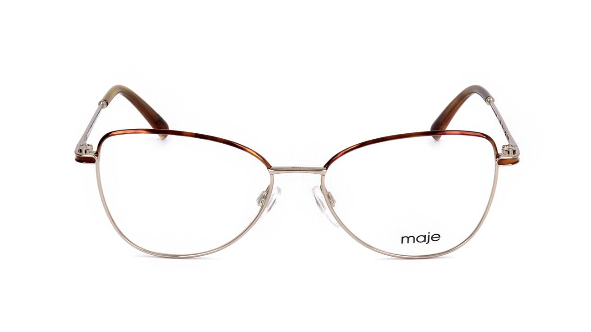 round eyeglasses with a thin silver-tone metal frame, brown acetate browline trim, and clear lenses, featuring the 'maje' brand logo on the lower right lens.