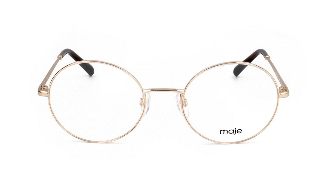 Oversized round eyeglasses with thin gold-tone metal rims, clear lenses, and dark tortoiseshell temples, featuring the 'maje' brand logo on the lower right lens.