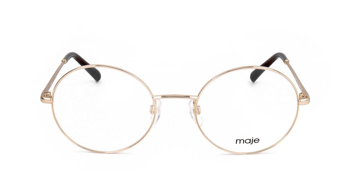 Oversized round eyeglasses with thin gold-tone metal rims, clear lenses, and dark tortoiseshell temples, featuring the 'maje' brand logo on the lower right lens.