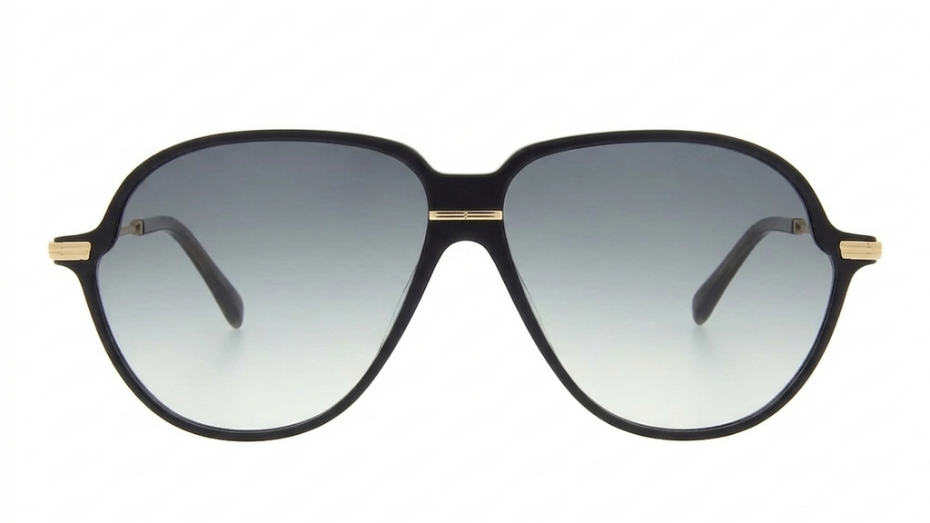 A pair of oversized aviator-style sunglasses with a thick black frame, gradient gray lenses, and gold metal accents on the bridge and temples, shown against a plain white background.