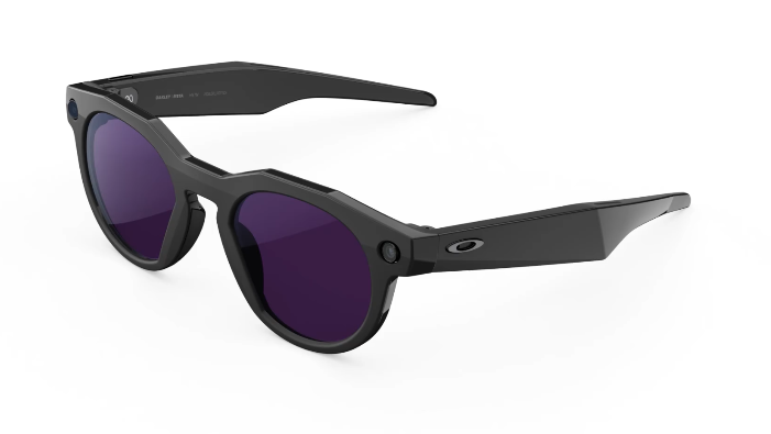 Oakley smart sunglasses with a matte black frame and dark purple lenses, shown at a three-quarter angle on a white background.