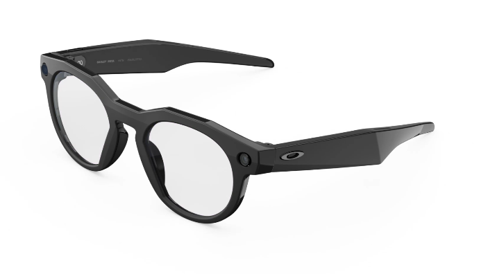 Black Oakley smart glasses with clear lenses, shown at a three-quarter angle on a white background.
