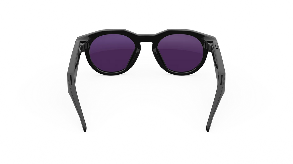 Black sunglasses with purple lenses on a white background