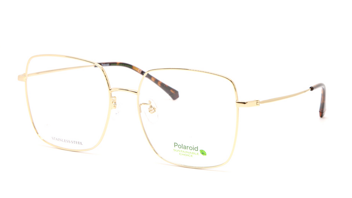 Polaroid square aviator-style eyeglasses in gold-tone metal with clear lenses and tortoiseshell temple tips, shown on a white background.
