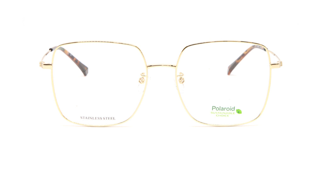 Gold square metal eyeglasses with clear lenses, featuring a green and white Polaroid logo on the lower right lens and 'STAINLESS STEEL' on the lower left lens, set against a plain white background.