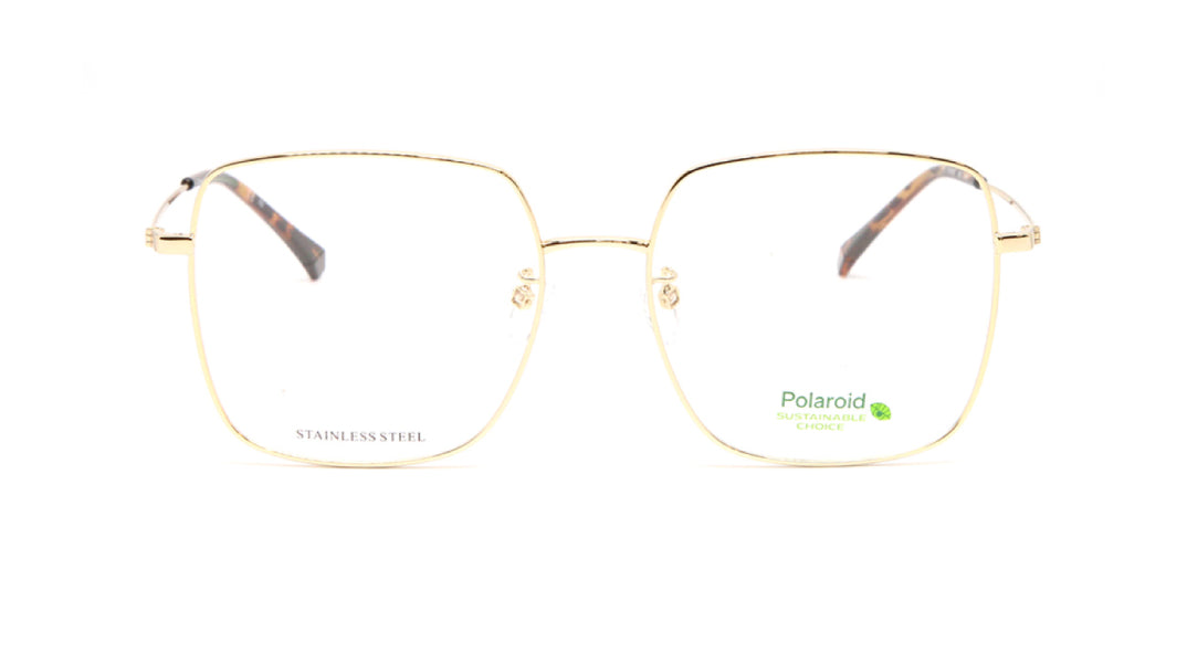 Gold square metal eyeglasses with clear lenses, featuring a green and white Polaroid logo on the lower right lens and 'STAINLESS STEEL' on the lower left lens, set against a plain white background.