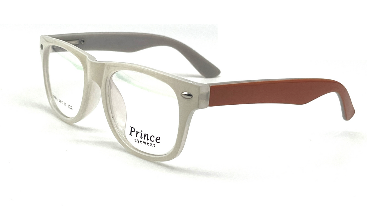 A pair of eyeglasses with a translucent light gray acetate frame, a matte dark gray temple, and a contrasting reddish-brown temple arm. The brand name 'Prince Optometrist' is printed on the lower right lens.